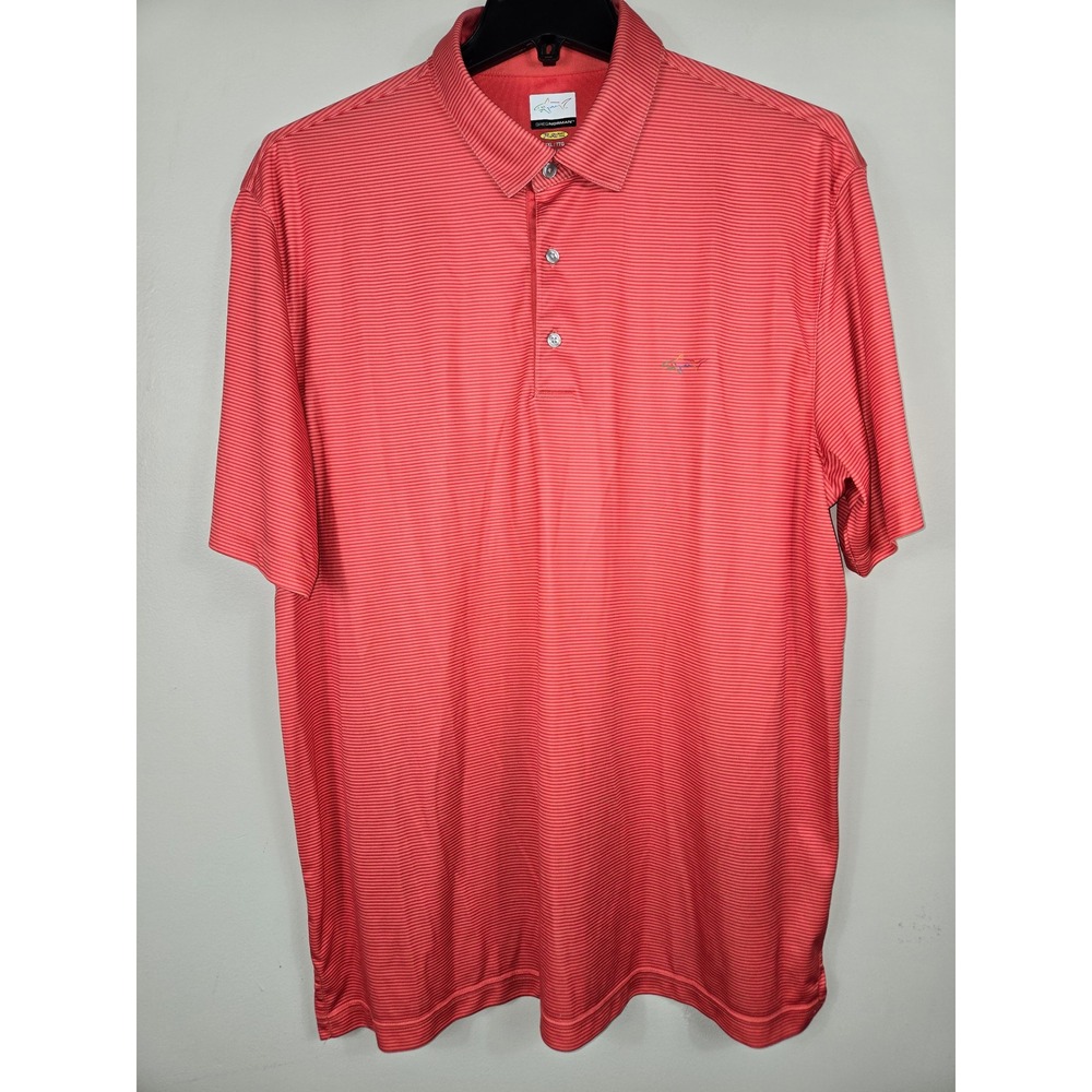 Greg Norman PlayDry Mens XXL Red Striped Golf Polo Shirt Short Sleeve Shark Logo